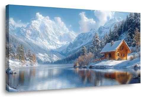 TODOAA Natura Paesaggio invernale Quadri su tela, Scena dell'albero della capanna invernale Foresta di neve, Quadri Moderni Murale da parete Decorazioni da parete soggiorno - 50x100cm Incorniciato