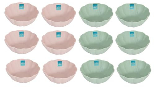 YöL Set of 12 Floral Edged Plastic Bowls Summer Dining Outdoor Picnic BBQ Blush Pink Sage Green Dessert Snacks Dips Cereal