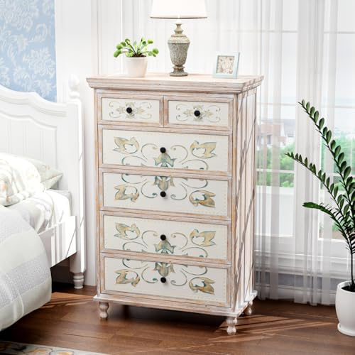 VINGLI Dresser Wood Chest of Drawers for Bedroom, Tall Dresser 6 Drawer Chest Boho, Wooden Dressers with Drawers and Solid Wood Legs, Rustic Washed White