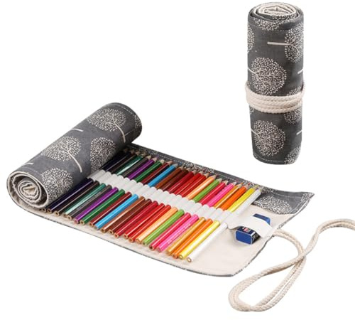 KEWUF Estuche Escolar Enrollable con 24 Agujeros, Organizador de Lápices de Colores, Pencil Case de Lona Negra con Patrón de Árbol