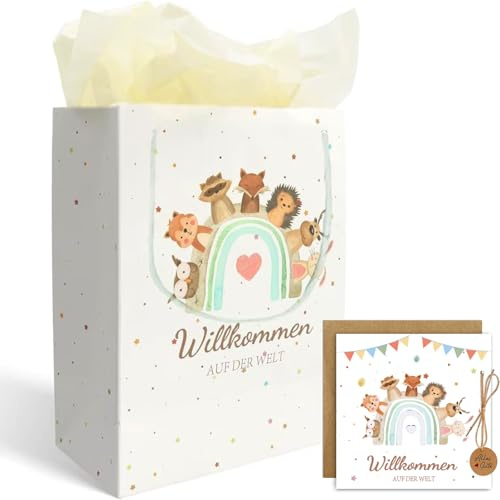 Solivive Geschenktüte Baby Geburt, Geschenktasche mit Glückwunschkarte, Karte Geschenke zur Geburt Mädchen & Junge, Sinnvolle Birth Babygeschenke, Regenbogentiere Glückwunschkarte Baby Geburt Geschenk