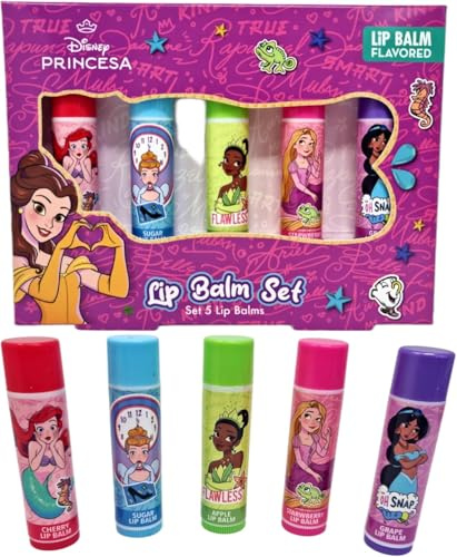 Disney Princesa läppbalsamset, 5 stycken, aromatiserad, körsbär, sugar, Apple, Starwberry, druva