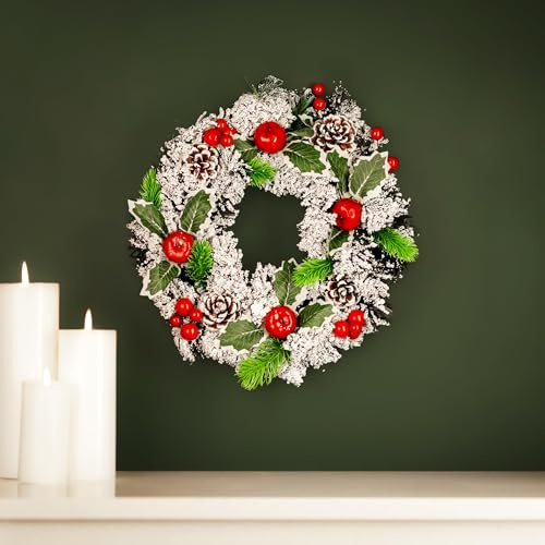 Marco Paul Künstlicher Luxus-Weihnachtskranz zum Aufhängen, Türdekoration, für drinnen und draußen, schneegefrostete Weihnachtskugeln, Beeren, Heimdekoration, langlebig, traditionell (30 cm