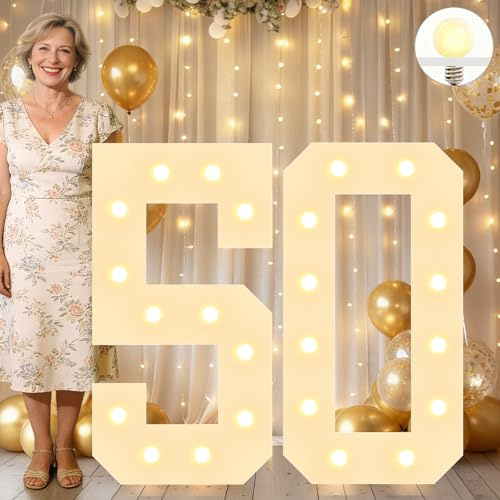 Vimlits Large 4FT Light Up Numbers Birthday Decoration, White Marquee Number Sign for 50th Party Anniversary Backdrop Wedding Big Mosaic Number Frame Foam Cardboard Pre-cut Number 50