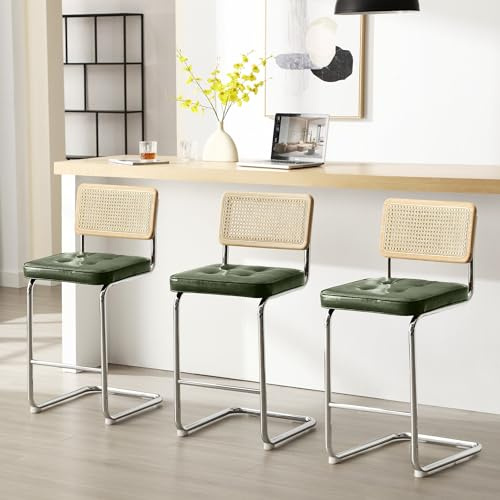 ONEVOG 26 Counter Height Bar Stools Set of 3, with Natural Woven Back & Waterproof Faux Leather Cushion, Mid Century Modern Upholstered Rattan Kitchen Island Counter Chair, Cantilevered Design, Green