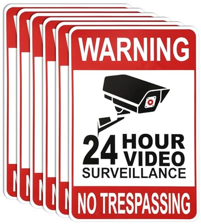 6pcs 24 Hour Video Surveillance Warning Signs, Weatherproof Self-Adhesive Under Security Camera Stickers No Trespassing Stickers for Home Business Private Property Outside Alarm Use