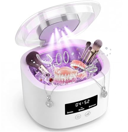 Nettoyeur Ultrasons 50000Hz, Bac Ultrason Rechargeable avec Lampe UV automatique, 380ml, 3 Modes Ultrasonic Cleaner pour Prothèses Dentaires, Gouttière Dentaire, Retainer, Bijoux, tête de brosse,Blanc