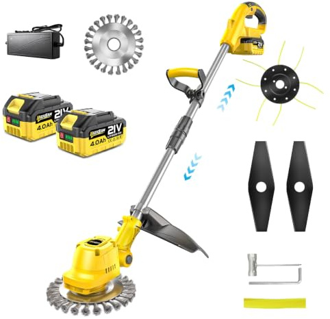4-in-1 Akku-Rasenmäher mit Unkrautbürste und Zwei 4.0Ah Akkus, 9 Zoll Bürstenloser Motor Multi-Klingen-Trimmer-Set,Verstellbarer Griff, um 90° schwenkbarer Kopf für Garten Baumschnitt,Rasen