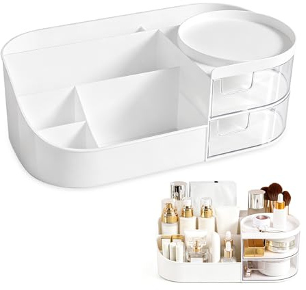 Schminktisch Organizer mit 2 Schubladen & Pinselhalter, Make Up Organizer Kosmetik Aufbewahrung für Bad, Büro, Schreibtisch, Aufbewahrungsbox für Schminke, Schmuck, Haaraccessoires, Schreibwaren