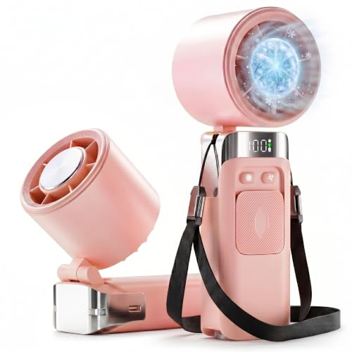 Ventox Rechargeable Handheld Fan, Pink, 3600mAh Battery Up to 12H Cooling Mini Portable Fan with Lanyard, Digital Display, C Type USB Hand Held Fans 100 Speeds, 135° Adjustable Angle Airflow