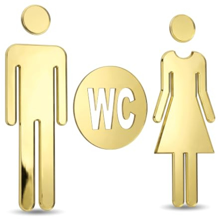 Kit 2 Pezzi Cartello Toilette Bagno Uomo e Donna, Segnaletica WC Adesiva Oro 12cm, Targhetta Adesiva per Porte Bagni Pubblici, Ufficio, Hotel e Ristorante, Design Moderno e Impermeabile