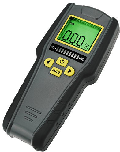 4-in-1 Pinless Moisture Meter, Digital LCD with Tricolor Bar Graph for Drywall, Masonry, Softwood and Hardwood w/Auto Calibration & Alarm