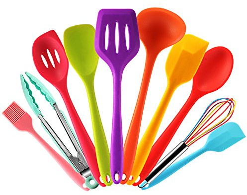 DOETI Set Utensilios de Cocina Silicona de Colores con Espátula,Cuchara,Cucharon,Espumadera,Batidor de Varillas,Pinzas Pincel de Cocina, 10 Piezas Resistente al Calor