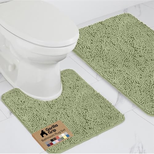 GORILLA GRIP Bathroom Rug Sets, Soft Chenille 2 Piece Area Rugs Set, Toilet Base Mat and 30x20 Carpet, Absorbent Microfiber Washable Mats Dry Quickly, Home Décor and Bath Room Accessories Sage Green