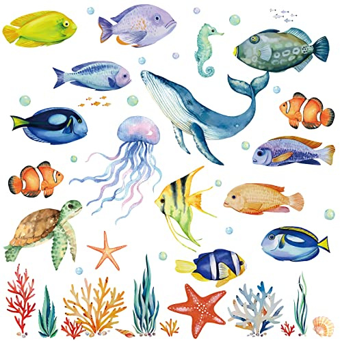 Decalmile Under The Sea väggklistermärken tropisk fisk manet hav väggdekaler baby barnkammare barn sovrum badrum väggdekor