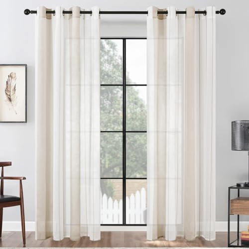 MRTREES 2 Piezas Cortinas Visillos Translúcidos Rayas de Dormitorio Moderno 140×245cm con Ojales para Ventanas Habitación Niño Salon Cocina Comedor Baño Beige+Blanca