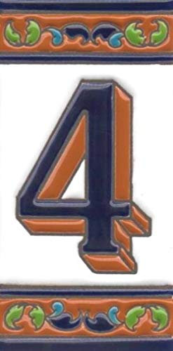 Numéros de maison, carreaux de chiffres et lettres en céramique, motif floral marron, bleu et vert, dimensions : 15 cm x 7,5 cm, 2 à 8 cadres carreaux (numéro 4)