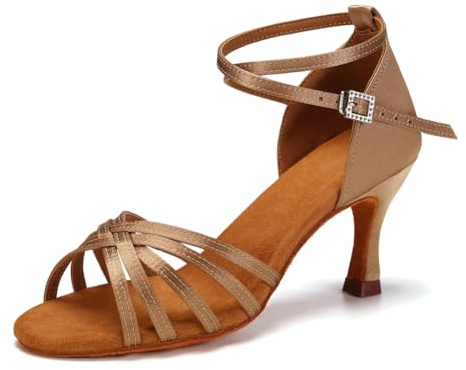 RUYBOZRY Kvinnor Latinska Dansskor Satin Balsalong Salsa dansskor, 802QB-7cm,Beige,EU 39