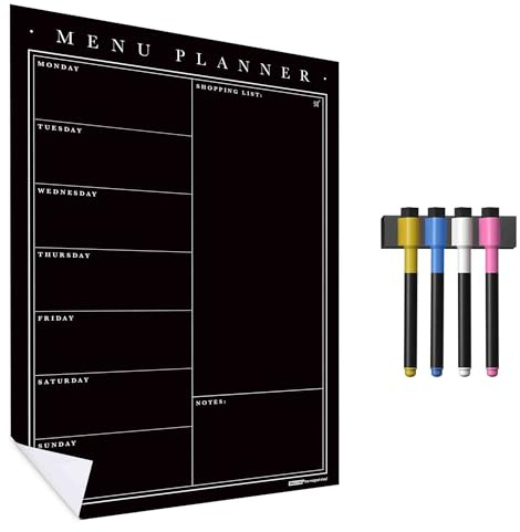 WallTAC A3 Weekly Wall Planner Sticker, Meal Planner, Kitchen Blackboard or Whiteboard - Wipeable and Reusable Chalkboard with Removable Adhesive Backing + 8 Dry Wipe Liquid Chalk Pens