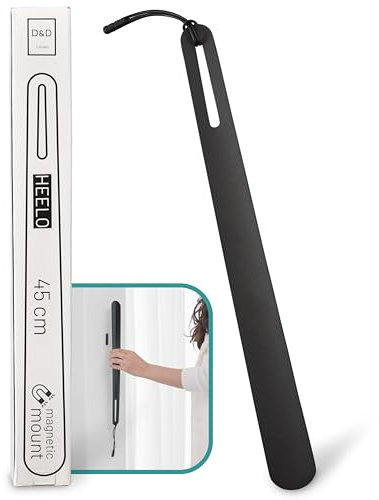 D&D Living® Design Schuhlöffel 45 cm extra stabil - Schuhanzieher aus Edelstahl mit Magnet oder Schlaufe zum Aufhängen | Metall lang (Schwarz glatt)