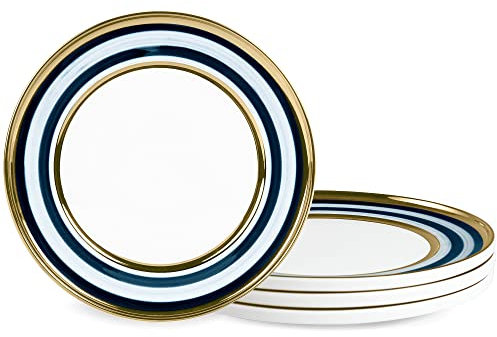 fanquare Gestreift Dessertteller Set für 4 Personen, Blau und Grün Servierplatte Porzellan, Frühstücksteller Modern mit Goldrand