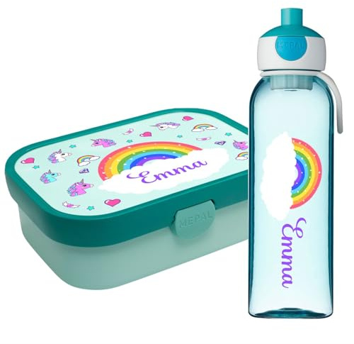 Lunchlåda set för barn flickor till skolan personlig med namn brödlåda vattenflaska BPA-fri mat på väg med gaffel och bento fack To Go Rainbow [153]