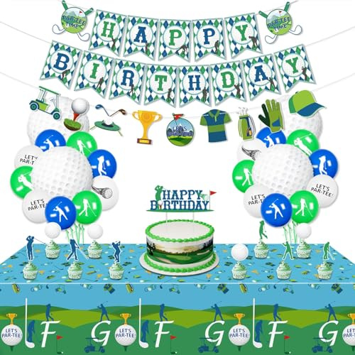 Golf Theme Birthday Party Decorations, Includes Happy Birthday Banner, Tablecloth, Balloons, Cupcake Toppers, Golf Birthday Party Supplies for Men, Golfer, Sports Fanatic, Par-Tee Decor (B)