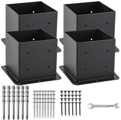 AXWHYS Lot de 4 bases de poteau de 15,2 x 15,2 cm, (taille intérieure 14 x 14 cm), ancrages de poteaux, acier massif épais 13 GA et revêtement en poudre noire, supports de poteau de terrasse, supports