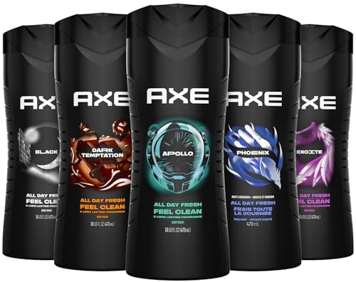 AXE Men's 3-in-1 Face, Body Wash & Shampoo Variety 5-Pack (Apollo, Dark Temptation, Black, Excite, Phoenix) 12 Hour Invigorating Scents, 16 Fl Oz Each