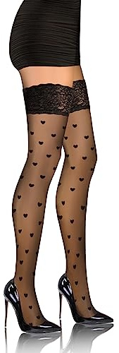 Sesto Senso Medias Autoadhesivas Mujer 20 DEN Negro en Patrones de Corazón Encaje con Silicona 3XL/4XL Hearts