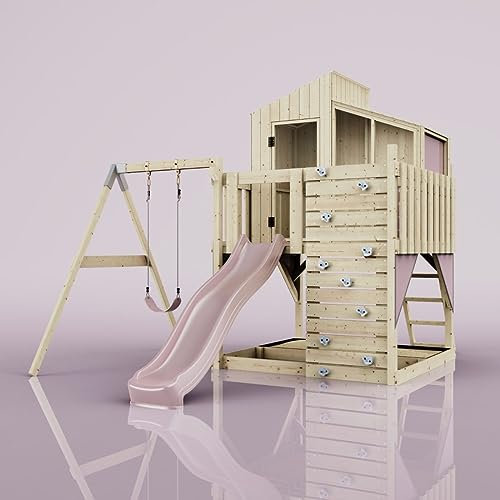 Rebo Spielturm mit Spielhaus inkl. Wellenrutsche und Kinder-Schaukel | Outdoor Klettergerüst Garten | Kletterwand und Kletterleiter | Stabile Konstruktion, Weiches Gefühl in den Seilen