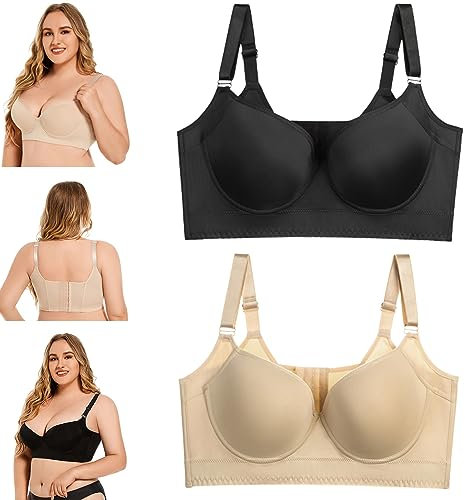 VNDUIFH 2pcs Comfortable Back Smoothing Push Up Bra, Women Deep Cup, Plus Size, Full Back, 38C
