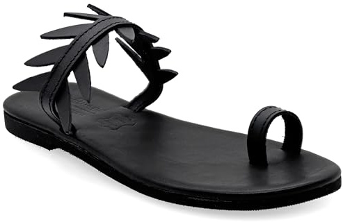 Emmanuela Bequeme Zehenring-Ledersandalen mit Olivenblättern, Gepolsterte Innensohle, Flache elegante Sommerschuhe für Damen, griechische Qualitäts Schiebe-Ledersandalen