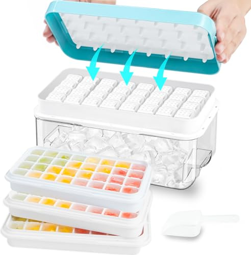 ZZWILLB Ice Cube Tray, Ice Tray with Lid and Bin and Ice Scoop, Ice Cube Pop Out Tray, Ice Cube Trays for Freezer, Ice Cube Molds, BPA Free, Easy Release Stackble Spill-Resistant (Blue 3 Tier)
