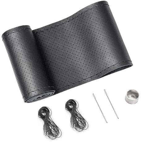 SEG Direct Echtes Leder Lenkradbezug, zum Aufnähen, Universal Passform 37-39 cm Autolenkräder, Handgenähtes atmungsaktives Rindsleder, Schwarz