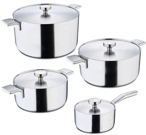 MasterPRO Alessi - Set mit 3 Pfannen von 20, 24 und 28cm und 4 Deckeln von 16, 20, 24 und 28cm - Hergestellt aus Edelstahl - Ergonomische Griffe - Mit Induktionsboden - Leicht zu reinigen