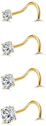 YADOCA 4 Stück 14K Gold 20G Nasenpiercing Chirurgenstahl Nasenpiercing Stecker Zirkonia Gerade Schraube L-Förmiger Nasenstecker 1,5/2/2,5/3 mm