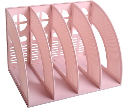 Elezeal A4 File Holder Magazine File Folder Desk Organizer, Compartments Bookshelf Document Divider Paper Box Bookends for Office Home Organization and Storage Racks (Pink, 4 Compartments)