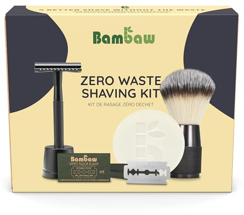 Bambaw – Rasierset für Männer, Enthält: 1 schwarzen Rasierhobel mit Rasierständer, 15 doppelseitige Rasierklingen, 1 duftfreie Rasierseife & 1 schwarzen Rasierpinsel, Geschenke für Männer