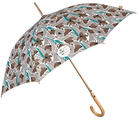 PERLETTI GREEN Parapluie Canne Ecologique Femme Automatique avec Feuilles Brunes - Parapluie en Matériau Recyclé et Poignée en Bois - Grand Parapluie Réutilisable - Diamètre 102 cm (Feuilles Brunes)