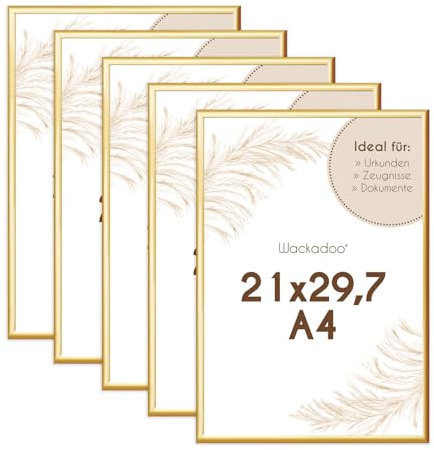 Wackadoo Bilderrahmen A4 21x29.7 (DIN A4) Gold 5er Set Fotowand Fotorahmen aus leichtem Kunststoff mit Glas Picture frame Poster