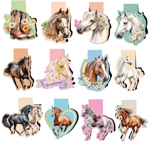 MEJOSER 12 Stück Pferd Lesezeichen Magnetisch auf Deutsch Pferde Mädchen Geschenk Schultüte Füllung Weihnachtsgeschenke Magnetische Lesezeichen Magnet Mitgebsel Kindergeburtstag Einschulung Geschenke