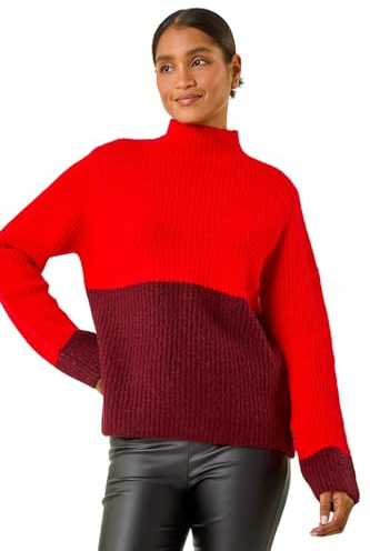 Roman Colour Block Funnel Neck Knit Jumper for Women UK - Ladies Autumn Everyday Winter Holiday Long Sleeve Soft Warm Feel Comfy Two Tone Top Office Desk Sweaters