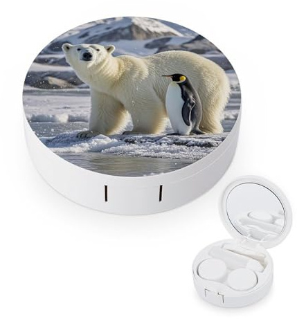 JTREWBV Tragbare Kontaktlinsenbox für Reisen, Motiv: Eisbären und Pinguine, runder Kontaktlinsenbehälter, kompaktes Augenkontakt-Entferner-Werkzeug-Set für Reisen und Zuhause, weiß, Einheitsgröße,