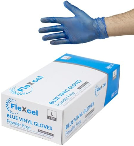 FleXcel Blue Medium Disposable Vinyl Gloves – Box of 100 – Powder Free Latex Free Medical Grade Examination Gloves AQL 1.5 – Non-Sterile Food Safe Disposable Glove for Kitchen Prep & Handling