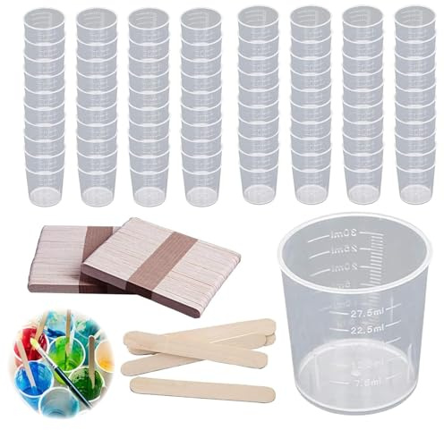 Tkxjry 80 Stück Messbecher 30ml Kleine Rührbecher 80 Stück 30ml Mini Messbecher Kunststoff Messbecher zum Mischen von Harz, Stain, Epoxy und Farbe (mit 100 Stäbchen)