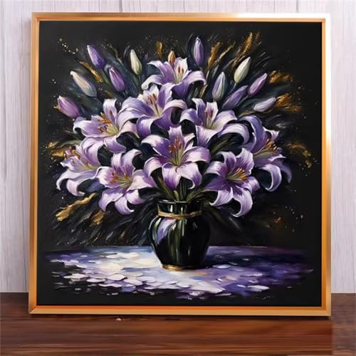 Suneve Malen Nach Zahlen Erwachsene Lila Lilie,DIY Paint by Numbers mit Pinseln und Acrylfarben Handgemalt Ölgemälde Leinwand für Home Decor Mit Rahmen - 50x50cm