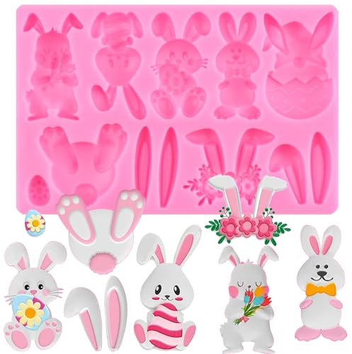 XMOLDNMS Ostern Fondant Formen Häschen 3D Silikonformen Kaninchen Blumen Formen für Kuchen Dekorieren Cupcake Topper Süßigkeiten Schokolade Gummipaste Polymer Clay