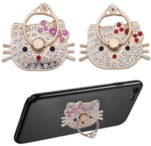 EIROVYA Cat Phone Ring Holder, Cat Diamond Studded Cat 360° Rotation Finger Grip Grip Ring Holder for Mobile Phone 2pcs, silver, M