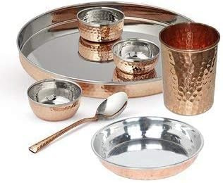 BishtHub Copper Steel Dinner Thali, Bowls, halwa Plate, Glass, Spoon, Traditional Style 7 Piece Dinner Set